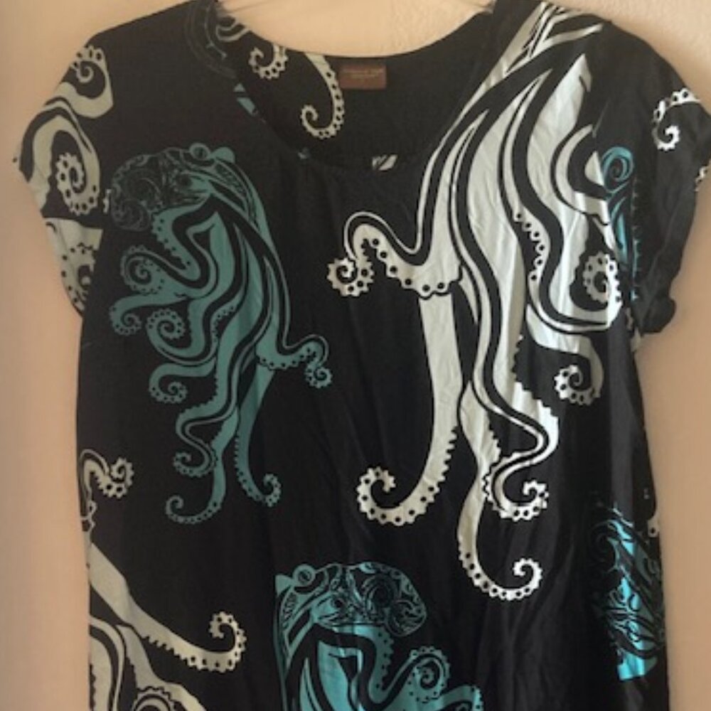 WAHINE TOA HAWAIIAN OCTOPUS-TAKO DRESS ALOHA MADE RESORT WEAR BLK/WHT/BL LOVELY - Picture 1 of 15